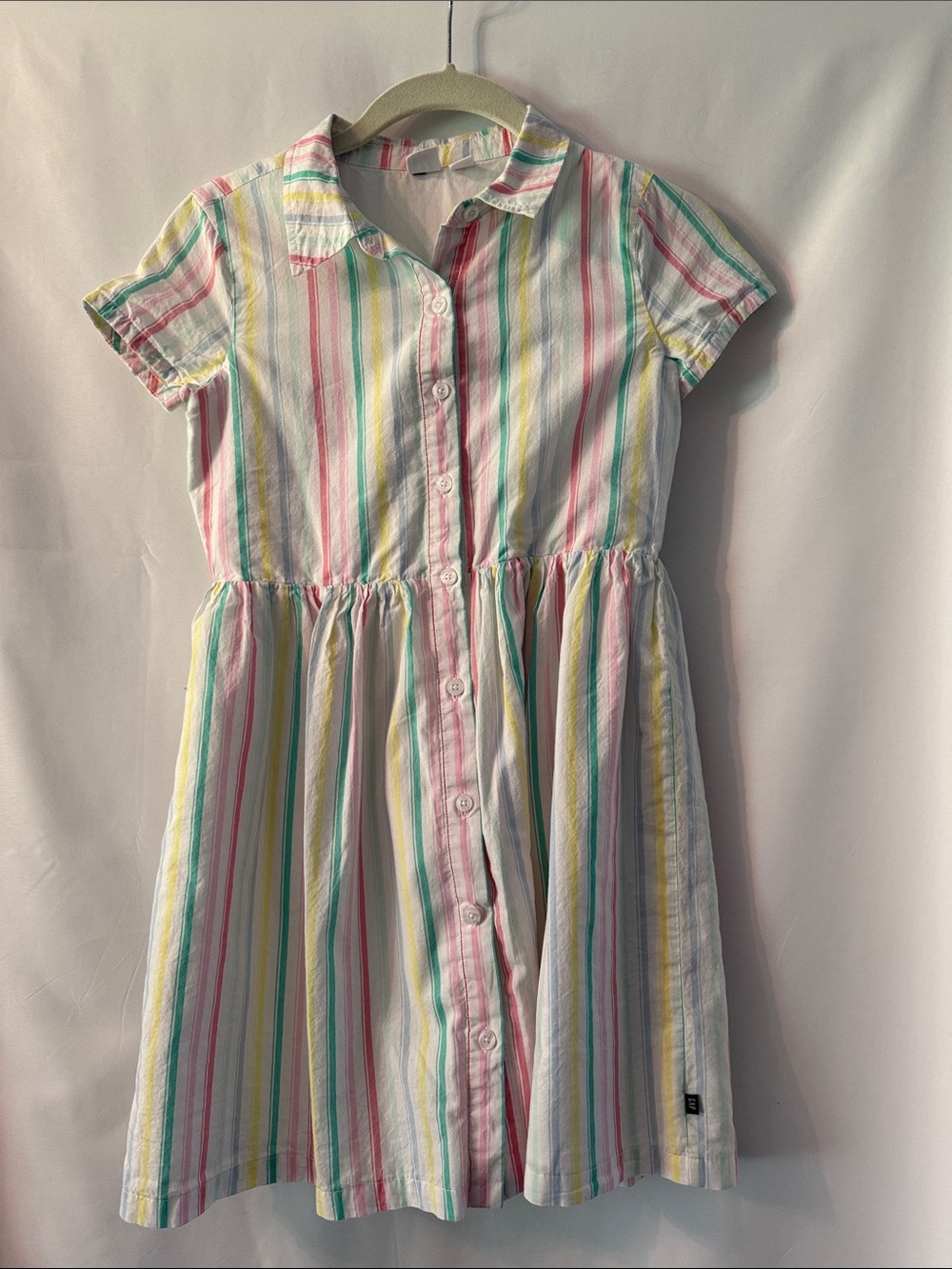 GAP White Girls Dress - Pastel Pink, Yellow, Green & Blue Stripes - Size L 10/12